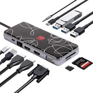 Mirabox USB C Hub 12-in-1 USB3.1 Type C Adapter with 4K HDMI,1080P VGA, USB3.0,Ethernet,100W PD,USB-C Data Port and SD/TF Docking Station for MacBookPro/Air(Thunderbolt 3) and Other USB-C Laptops