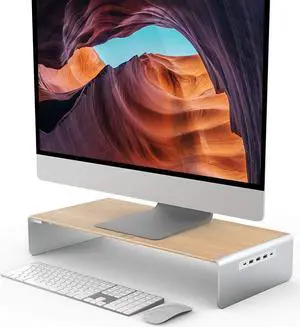 j5create Wooden Monitor Stand with USB Type C/HDMI Docking Station - USB 3.1 C to C Cable Included - Handmade Wood Panel with Aluminum Riser for Computer Screens, Laptops, TV