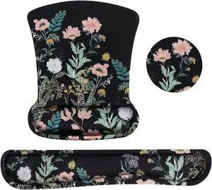 Wrist Rest Support for Mouse Pad&Keyboard Set Wild Flowers Ergonomic Mousepad&Coaster Non-Slip Base Home/Office Pain Relief&Easy Typing Cushion with Neoprene Cloth&Raised Memory Foam Black