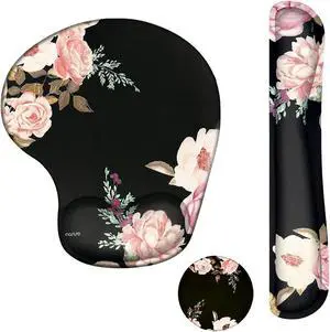 MOSISO Wrist Rest Support for Mouse Pad&Keyboard Set, Curved Peony Ergonomic Mousepad&Coaster Non-Slip Base Home/Office Pain Relief&Easy Typing Cushion with Neoprene Cloth&Raised Memory Foam, Black