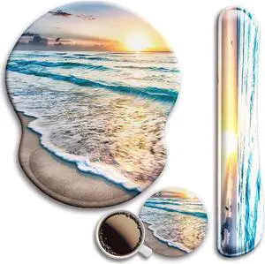 Mouse Pad and Keyboard Wrist Rest Support, with Non-Slip PU Base,Gel Mouse Pad with Coaster,Pain Relief for Gaming, Computer,Office -Beach