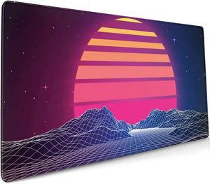 Retro Neon Sunset Synthwave Extended Mouse Pad 35.4x15.7 Inch XXL Retrowave Vaporwave Non-Slip Rubber Base Large Gaming Mousepad Stitched Edges Waterproof Keyboard Mouse Desk Pad for Office Home