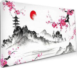 Watercolor Sakura Mouse Pad 35.4 X 15.7 Inch Japanese Hills Cherry Blossom Extended Large Pink Mouse Mat Non-Slip Rubber Base Mousepad with Stitched Edges Waterproof Desk Pad for Gaming&Home Office,XL