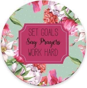 Set Goals Say Prayers Work Hard Floral Mouse Pad - Neoprene Inspirational Quote Mousepad - Round Mouse pad