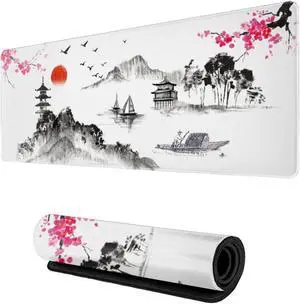 Watercolor Japanese Ink Painting Cherry Blossom Mouse Pad XL, Extended Stitched Edges Asian Art Hills Large White Gaming Mouse Mat Desk Pad, Long Non Slip Rubber Base Mice Pad (31.5 X 11.8 Inch)