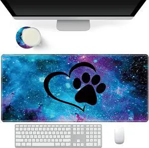 Desk Pad Mat Gaming Mouse Pads with Coasters, Office Desk Mat 31.5"x 11.8" Large Gaming Mouse Pad Durable Extended Non-Slip Rubber Base Keyboard Pad for Laptop & Home, Galaxy Dog Paw