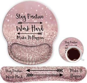 Ergonomic Mouse Pad Wrist Support Gel and Keyboard Wrist Rest Set for Laptop, Gaming and Office, Durable, Comfortable and Pain Relief + Coaster,Stay Positive Work Hard and Make It Happen Pink Glitter