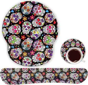 Ergonomic Mouse Pad Wrist Support Gel and Keyboard Wrist Rest Set for Laptop, Mac, Gaming and Office, Durable, Comfortable and Pain Relief + Coaster, Day of The Dead Colorful Vintage Sugar Skull