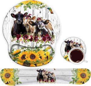 Ergonomic Mouse Pad Wrist Support Gel and Keyboard Wrist Rest Set for Laptop, Mac, Gaming and Office, Durable, Comfortable and Pain Relief + Coaster, Animal Flowers Sunflowers and Cows