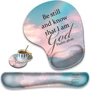 XMTMR-Glass Ergonomically Upgraded Keyboard Wrist Rest and Comfortable Wrist Rest Gel Mouse Pad Set, Non-Slip Rubber Base and Cute Coaster, for Work, Game Home, Quoting Psalm 46:10