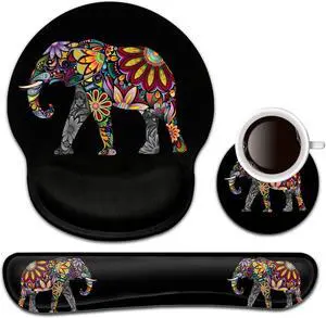 Keyboard Wrist Rest and Mouse Pad with Wrist Support, Ergonomic Gel Mouse Pad Coaster, Comfortable Lightweight for Easy Typing Pain Relief, Memory Foam Keyboard Mousepad Set,Colorful Elephant
