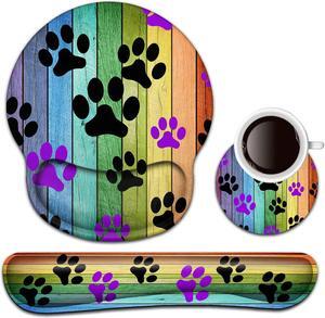 Keyboard Wrist Rest and Mouse Pad with Wrist Support, Ergonomic Gel Mouse Pad Coaster,Easy Typing Pain Relief, Memory Foam Keyboard Mousepad Set,Rainbow Woodgrain Black and Purple Dog Paw