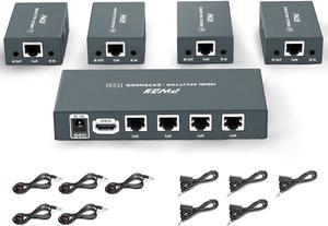 1x4 HDMI Extender Splitter Over Cat5e/Cat6/Cat7 Ethernet Cable Up to 50m/165ft - EDID Management & Bi-Directional IR Remote Control & POC Function Support 1080P@60Hz 3D (1 in 4 Out / 4-Port)