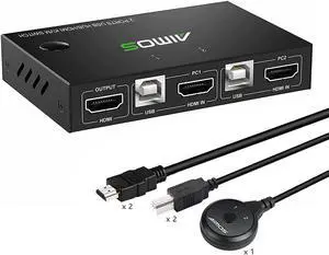 KVM Switch HDMI 2 Port Box, AIMOS USB and HDMI Switches 4 USB Hub, UHD 4K@30Hz, for 2 Computers Share Keyboard Mouse and one HD Monitor, with 2 HDMI Cables and 2 USB Cables