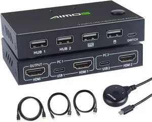 AIMOS HDMI KVM Switch, HUD 4K 2 Port Box, Share 2 Computers with one Keyboard Mouse and one HD Monitor, Support Wireless Keyboard and Mouse Connections, Not Support Hotkey, Can Connect to HUB