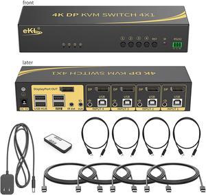 eKL KVM Switch Displayport 4 Port DP 1.2 4x1 Supports 4K@60Hz 4:4:4 hotkey Switching Keyboard Mouse Audio with USB 2.0 Control up to 4 PCs