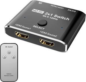 CABLEDECONN HDMI 2.1 8K Switch with Remote Control Directional 2in 1out 8K@60Hz 4K@120Hz Converter High Speed 48Gbps Compatible with Xbox PS5 Projectors Monitors