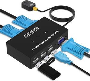 USB VGA KVM Switch for 2 PC Sharing 1 Video Monitor and 3 USB Devices, Keyboard Mouse Scanner Printer, for Laptop PC Windows Mac OS System