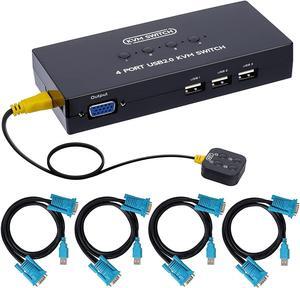 VGA KVM Switch 4 Port, USB VGA KVM Switcher for 4 Computers Share 1 Monitor 3 USB Devices Keyboard Mouse Scanner Printer, Including 4 KVM Cables & Desktop Control