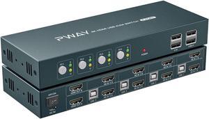 4 Port KVM Switch HDMI Dual Monitor Extended Display, 4K@30Hz 2 USB 2.0 Hub, Wireless Keyboard & Mouse and Hotkey Switch Supported, 4 in 2 Out, Powered by USB