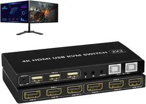 Dual Monitor HDMI 2.0 KVM Switch 2 Port Extended Display 4K@60Hz, Dual Monitor KVM Switch 2 in 2 Out with Audio Microphone Output and 3 USB 2.0 Hub, 2 HDMI Monitors 2 Computers Dual Monitor Switch