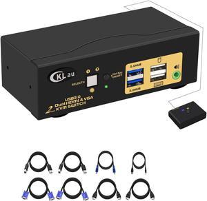 CKLau 4Kx2K@60Hz 4:4:4 2 Port USB 3.0 Dual Monitor KVM Switch HDMI + VGA with Audio and Cables, HDMI VGA KVM Switch 2 Monitors 2 Computers Support Wireless Keyboard Mouse