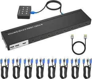 KVM Switch HDMI 8 Port, Yinker 4K@30Hz USB HDMI Rack Mout KVM 8 in 1 Out w/9pack Cables 4 USB 2.0 Hubs Desktop Selector IR Remote Rack Mount Ears