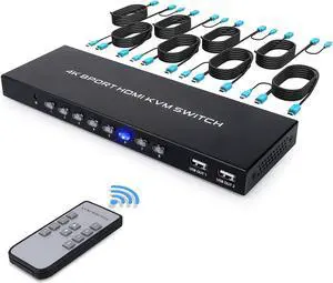 Ennovor 4K KVM Switch 8 Port, HDMI USB Switch for 8 Computers Share 4K@30Hz HD Monitor and 4 USB Devices, with IR Remote and 8 HDMI&USB KVM Cables