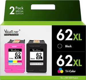 Valuetoner Remanufactured Ink Cartridge Replacement  62XL 62 XL to use with Envy 5540 5640 5660 7644 7645 OfficeJet 5740 8040 OfficeJet 200 250 Series Printer (1 Black, 1 Tri-Color, 2-Pack)