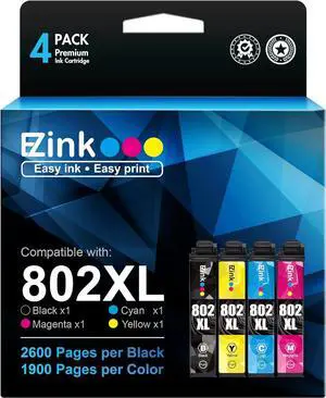 E-Z Ink (TM Remanufactured Ink Cartridge Replacement  802XL 802 T802XL T802 to use with Workforce Pro WF-4740 WF-4730 WF-4720 WF-4734 EC-4020 EC-4030 (1 Black, 1 Cyan, 1 Magenta, 1 Yellow)