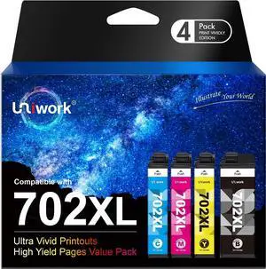 702XL 702 XL 702 Ink Cartridges - Uniwork Remanufactured Ink High Yield Replacement  702XL 702 702 XL T702XL use with Pro WF-3720 WF-3730 WF-3733 Printer (1 Black 1 Cyan 1 Magenta 1 Yellow)