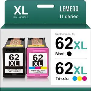 LEMERO 62XL Remanufactured Ink Cartridges Combo Pack Replacement  62xl Ink Cartridges Black and Color for Envy 7640 5660 5540 7645 OfficeJet 200 250 5740 5745 5746 Printer (1 Black, 1 Tri-Color)