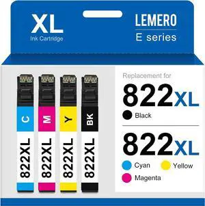 LEMERO 822XL Ink Cartridges Combo Pack Remanufactured Replacement  822XL 822 for Workforce Pro WF-3820 WF-4830 WF-4833 WF-4820 (4 Pack Black Cyan Magenta Yellow, Ink 822)