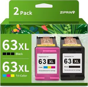 ZIPRINT 63 Ink Remanufactured Ink Cartridge Replacement  63 63XL Ink Cartridge Combo Pack for OfficeJet 3830 5255 5258 Envy 4512 4520 DeskJet 3630 3632 Printer (2 Pack) 63XL Black and Color
