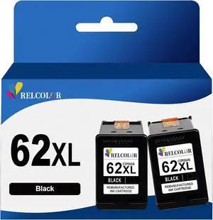 Relcolor Replacement  Ink 62 XL 62XL HP62 Cartridge Black Combo 2 Pack Envy 5540 5542 5645 5660 7640 7645 7644 OfficeJet 5740 8040 200 250 5745 Printers,Higher Yield,HP62XL