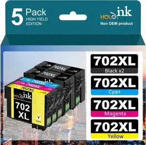 5 Pack 702XL New Upgraded Chips Ink Cartridges Replacement  702XL Ink Cartridge for Workforce Pro WF-3720 WF-3730 WF-3733 Printer
