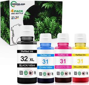 Greenland Office Compatible Ink Bottle Replacement  31 32 XL Ink  Smart Tank 7301 6001 7602 Plus 551 651 455 Wireless All-in-One Ink Tank Printer(165ml Black, 100ml Cyan Magenta Yellow)