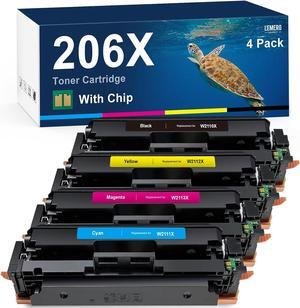 206X with Chip Toner Cartridge Replacement  206X Toner Cartridge 4-Pack High Yield 206A Set W2110X for Color MFP M283fdw M283cdw M283 Pro M255dw M255 M282 Printer Black Cyan Magenta Yellow