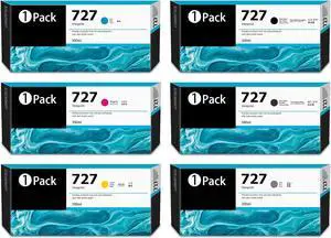 727 300-ml Ink Cartridges (6-Pack, Photo Black/Matte Black/Gray/Cyan/Magenta/Yellow) - LOMENTI Compatible Ink Cartridge Replacement  727 for DesignJet T1530 T2500 T920 T930 T1500 T2530 Printer