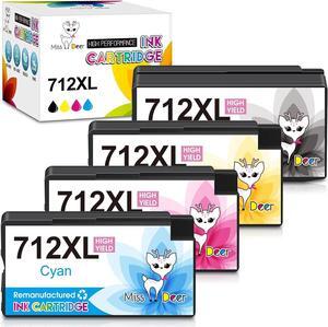 Miss Deer 712XL Remanufactured Ink Cartridge Replacement  712 712XL Ink Cartridges,Work  DesignJet T210 T230 T250 T630 T650 Studio Plotter Printers 80ML for BK 29ML for CMY (4 Pack)
