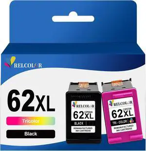 Relcolor Replacement  Ink 62 XL 62XL HP62 Cartridge Black Color Combo 2 Pack Envy 5540 5542 5645 5660 7640 7645 7644 OfficeJet 5740 8040 200 250 5745 Printers,Higher Yield,HP62XL