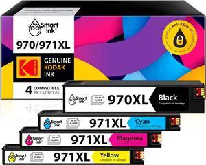 Smart Ink Compatible Ink Cartridge Replacement  970 XL 971 XL 970XL 971XL Filled with Kodak Ink (Black & Cyan/Magenta/Yellow 4 Pack) to use with Officejet Pro X451dn X476dn MFP X576dw X476dw