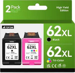 62XL Black/Tri-Color Ink Cartridges Replacement  62 Ink 62XL Combo (2 Pack) for Envy 5640 5660 5540 7640 5661 5542 5642 5643 5661 7645, for OfficeJet 200 250 5740 5741 5745 5746 Printer
