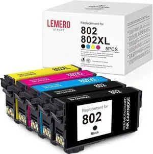 LemeroUtrust Remanufactured Ink Cartridges Replacement  802 802XL T802XL use with Epson Workforce Pro WF-4734 WF-4730 WF-4720 EC-4020 EC-4040 (2 Black, 1 Cyan, 1 Magenta, 1 Yellow, 5-Pack)