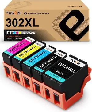 TESEN Remanufactured 302XL Ink Cartridge Replacement  302XL 302 T302XL T302 with Upgraded Chip Use with Epson XP-6000 XP-6100 Printer 5 Pack T302XL020 T302XL120 T302XL220 T302XL320 T302XL420