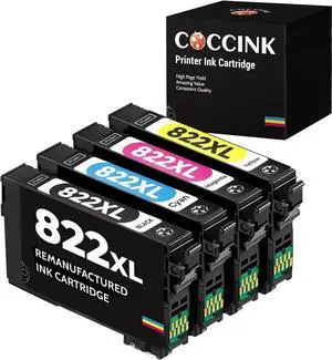 COCCINK 822XL Ink Cartridges  822 XL T822 for Workforce Pro WF-3820 WF-4830 WF-4820 WF-4833 WF-4834 Printer Ultra Combo Pack Remanufactured Printer Ink (Black Cyan Magenta Yellow, 4 Pack)