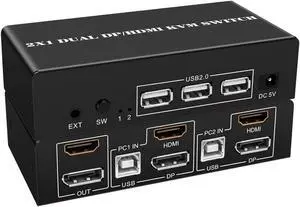 Wiistar HDMI DP KVM Switch 2 Monitors 2 Computers 4K@60Hz Dual Monitors 2 Computers HDMI+Displayport KVM Switch for 2 Computer Share 2 Display and 3 USB2.0 Devices Wired Remote and 4 Cables Included