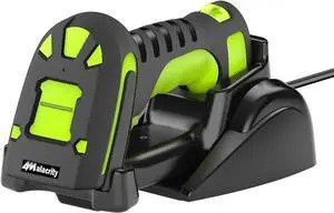 Upgraded 2D Industrial Barcode Scanner with Wireless Charging Stand, 1968 Feet Transmission Distance 433Mhz Wireless & Bluetooth 2in1 Barcode Reader, Shock Dust Proof Hands Free, Green