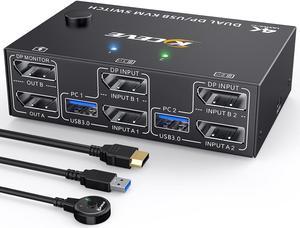 Displayport KVM Switch 2 Monitors 2 Computers 8K@30Hz 4K@144Hz,Camgeet USB3.0 Dual Monitor KVM Switches Displayport 1.4 with 4 USB 3.0 Port for USB Device,Wired Remote and 4 Cable Included