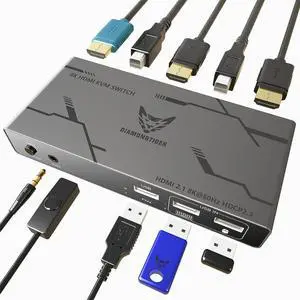 KVM Switch HDMI 2 Ports - 8K 60Hz HDMI 2.1 KVM Switch for 2 Computers 1 Monitor and 3 USB Ports to Share Mouse, Keyboard or Other USB Devices, HDCP 2.3, HDR 10, with Remote Controller and USB Cables